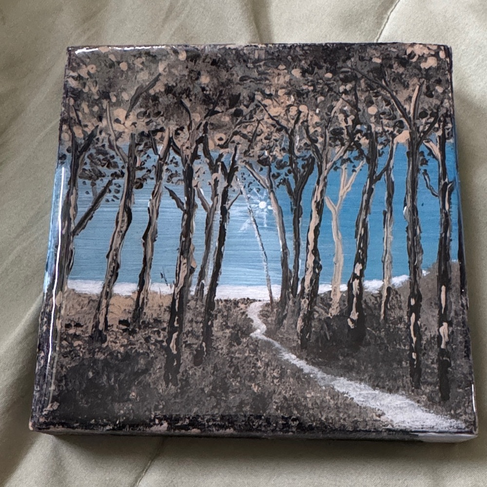 Original Signed Acrylic Forest Path Seascape Painting Wood JENNIFER A. LOCKETTE